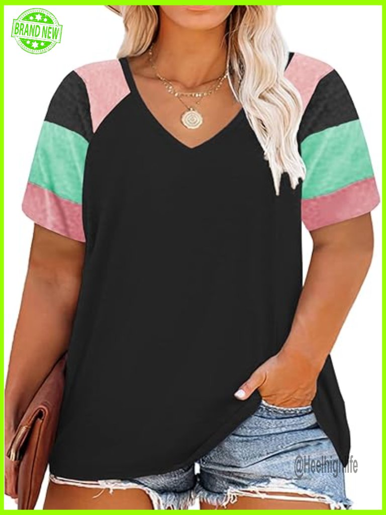 Plus Size V-Neck Raglan T-Shirt Loose Fit Summer Tee Soft Material